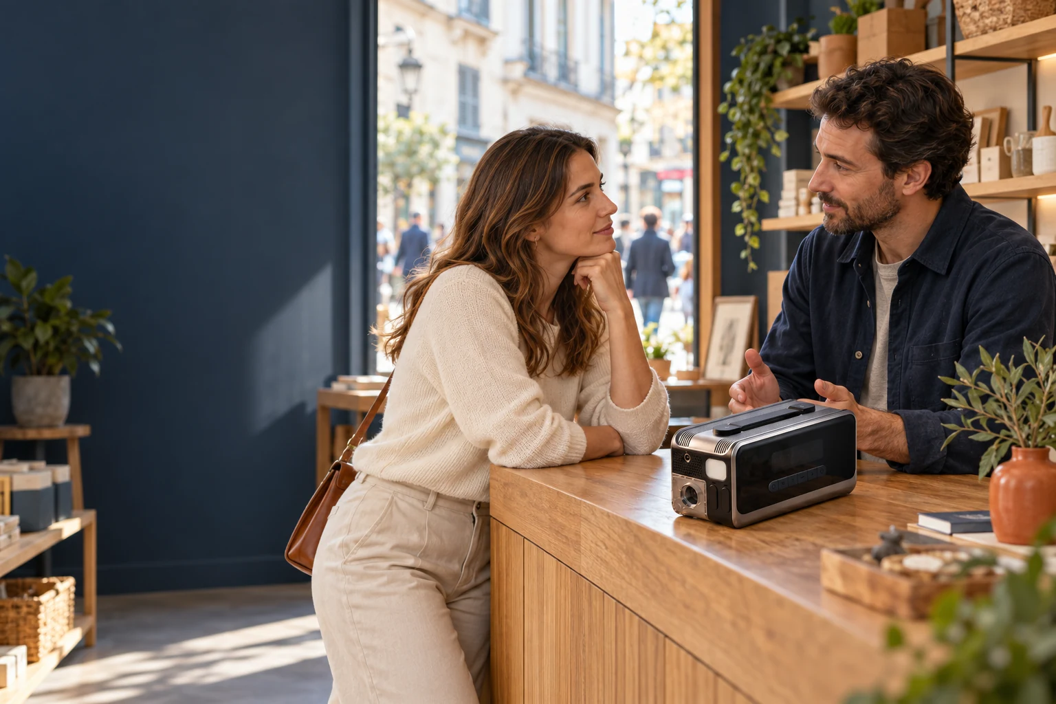Two people discussing a display in a neighbourhood shop, with B2 on the counter