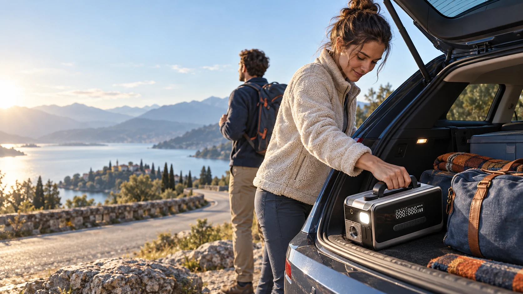 A couple preparing for a morning journey, placing the B2 beside a travel bag in their car