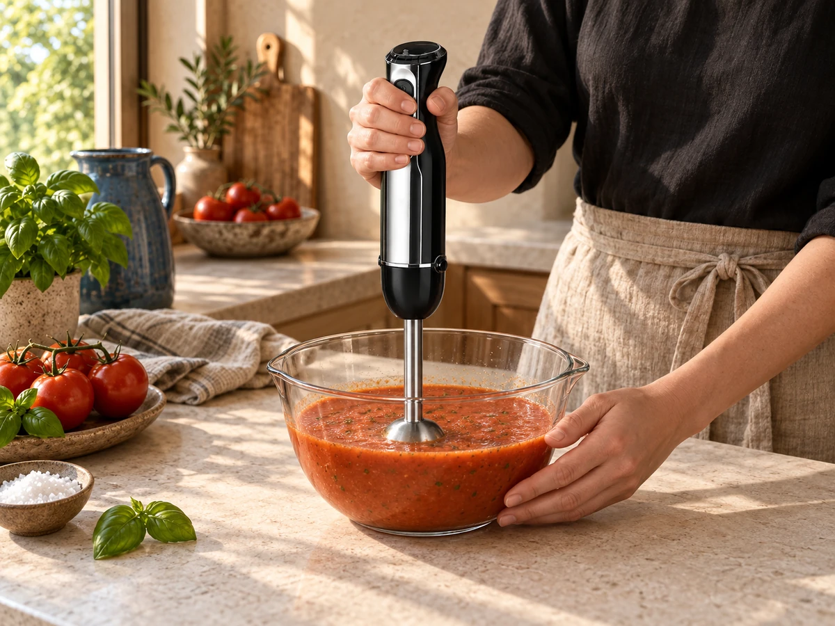 6008 hand blender held in a bowl of soup in a sunlit kitchen