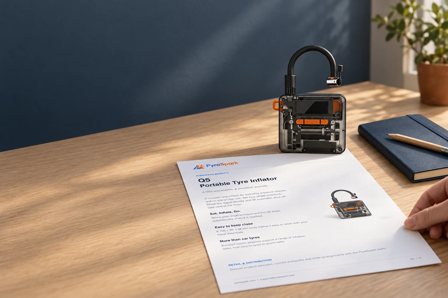 Q5 beside a printed product overview and notebook on a sunlit desk
